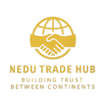 Nedu Trade Hub logo featuring a gold handshake inside a globe with the tagline ‘Building Trust Between Continents’ in gold and white.